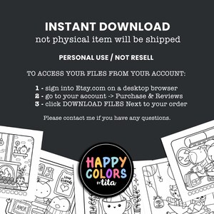 May include: A digital download of coloring pages featuring cute illustrations of a cozy fireplace, a cup of tea, and a penguin with a book. The text "HAPPY COLORS bytita" is in a circle with a pink background.