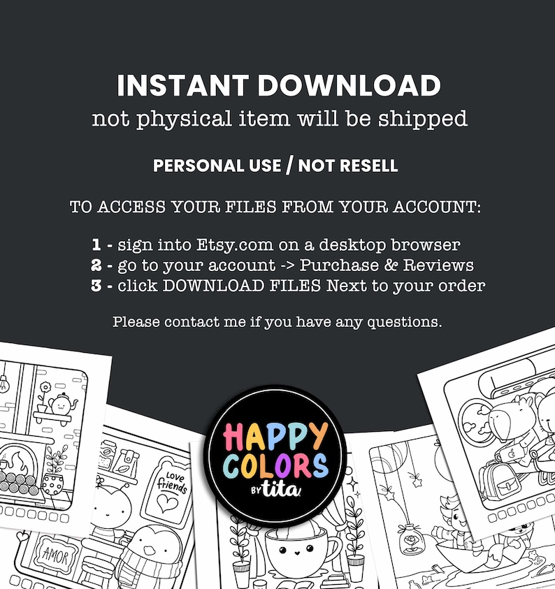 May include: A digital download of coloring pages featuring cute illustrations of a cozy fireplace, a cup of tea, and a penguin with a book. The text "HAPPY COLORS bytita" is in a circle with a pink background.