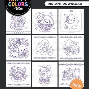 May include: A digital download of 35 kawaii coloring pages in PDF and JPEG formats. The cover art displays a circular logo with the text "Happy Colors by tita" and the words "Instant Download". The pages contain cute illustrations of characters and objects.