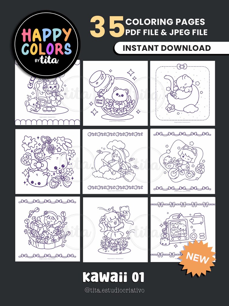 May include: A digital download of 35 kawaii coloring pages in PDF and JPEG formats. The cover art displays a circular logo with the text "Happy Colors by tita" and the words "Instant Download". The pages contain cute illustrations of characters and objects.