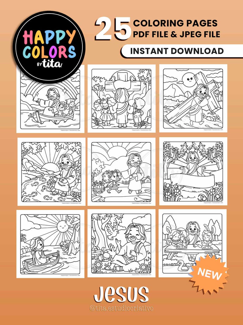 May include: A set of 25 coloring pages featuring illustrations of Jesus Christ. The pages are designed for children and include scenes from the Bible, such as Jesus walking on water, Jesus healing the sick, and Jesus teaching his disciples. The coloring pages are available as a PDF and JPEG file and can be downloaded instantly.