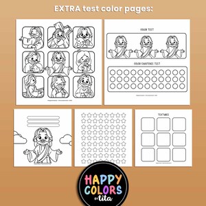 May include: Black and white coloring pages featuring a cartoon illustration of Jesus. The pages include a color test, color swatches test, and a texture test. The pages are labeled "FREEBIE!" and "EXTRA test color pages".