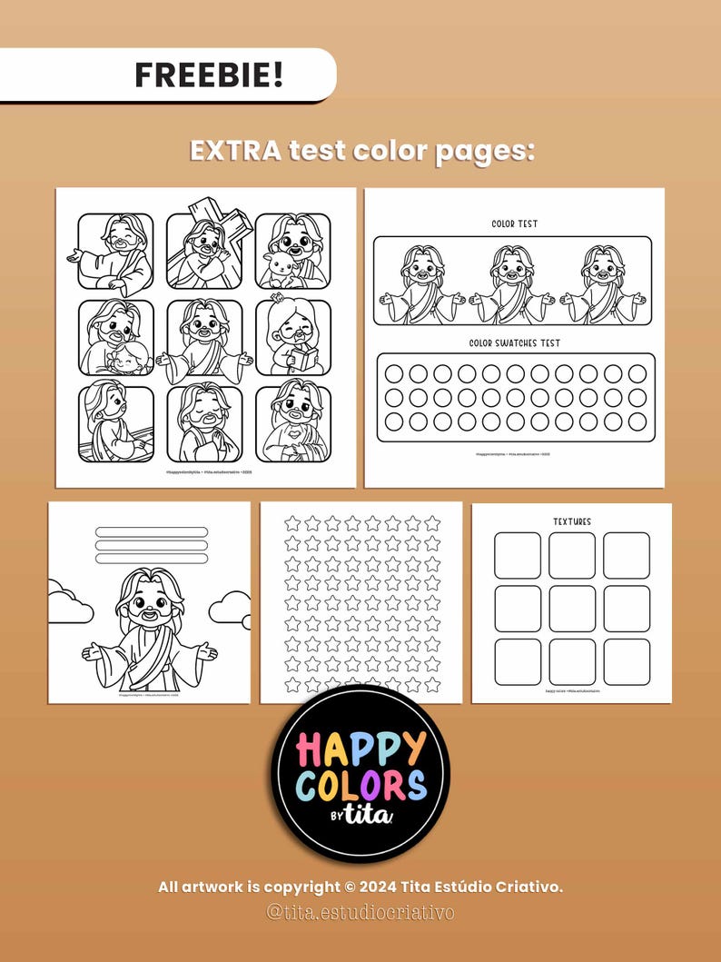 May include: Black and white coloring pages featuring a cartoon illustration of Jesus. The pages include a color test, color swatches test, and a texture test. The pages are labeled "FREEBIE!" and "EXTRA test color pages".
