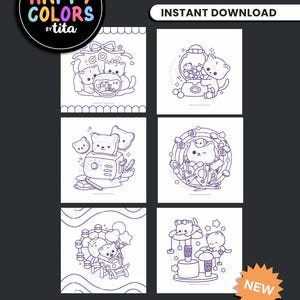 May include: A digital download with 35 colouring pages in PDF and JPEG formats. The image displays six kawaii-style illustrations of cats and bears in different scenes. The text includes "Happy Colors by tita" and "kawaii 01".