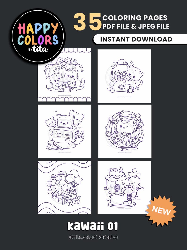 May include: A digital download with 35 colouring pages in PDF and JPEG formats. The image displays six kawaii-style illustrations of cats and bears in different scenes. The text includes "Happy Colors by tita" and "kawaii 01".