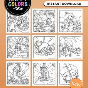 May include: A set of 25 coloring pages featuring illustrations of Jesus Christ. The pages are designed for children and include scenes from the Bible, such as Jesus teaching, healing the sick, and performing miracles. The coloring pages are available as a PDF and JPEG file and can be downloaded instantly.