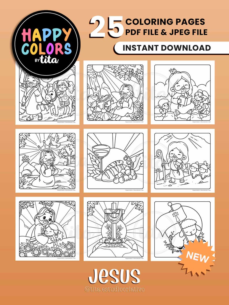 May include: A set of 25 coloring pages featuring illustrations of Jesus Christ. The pages are designed for children and include scenes from the Bible, such as Jesus teaching, healing the sick, and performing miracles. The coloring pages are available as a PDF and JPEG file and can be downloaded instantly.