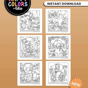 May include: A set of 25 coloring pages featuring black and white illustrations of a girl in a dress with a crown, a cat, a rabbit, and other whimsical characters. The pages are titled "Jesus" and "Happy Colors by Tita".