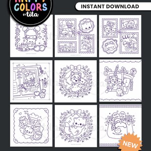 May include: A digital download with 35 colouring pages in PDF and JPEG formats. The pages display kawaii-style illustrations with characters and objects, including the text "HAPPY COLORS by tita" and "kawaii 01". The design includes a "NEW" sticker.