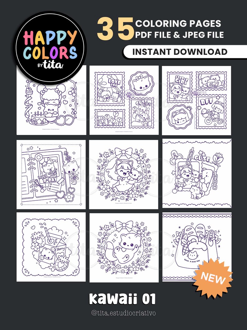 May include: A digital download with 35 colouring pages in PDF and JPEG formats. The pages display kawaii-style illustrations with characters and objects, including the text "HAPPY COLORS by tita" and "kawaii 01". The design includes a "NEW" sticker.