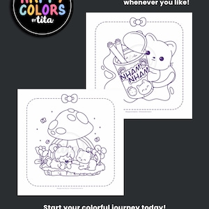 May include: Two printable coloring pages with cute illustrations. One features a cat with a drink, the other shows two characters under a mushroom. The image includes the text "HAPPY COLORS by tita" and "INSTANT DOWNLOAD".