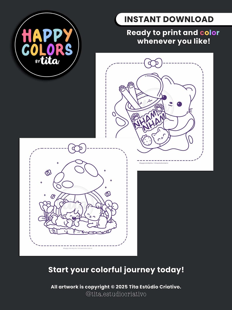 May include: Two printable coloring pages with cute illustrations. One features a cat with a drink, the other shows two characters under a mushroom. The image includes the text "HAPPY COLORS by tita" and "INSTANT DOWNLOAD".