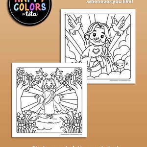 May include: Black and white coloring page featuring two illustrations of Jesus. The first illustration shows Jesus with a lamb and two doves. The second illustration shows Jesus in a forest setting with trees and flowers. The text "HAPPY COLORS by tita" is in the top left corner. The text "INSTANT DOWNLOAD Ready to print and color whenever you like!" is in the top right corner. The text "Start your colorful journey today! All artwork is copyright &copy; 2024 Tita Est&uacute;dio Criativo. @tita.estudiocriativo" is at the bottom of the page.