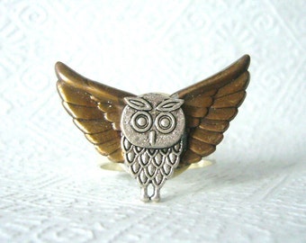Silver Owl ring with wings, adjustable ring