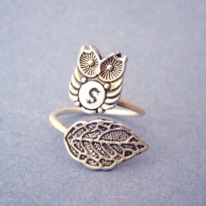 owl initials ring, adjustable ring, animal ring, silver ring, statement ring