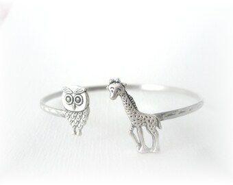 Giraffe bracelet wrap style with an owl, animal bracelet, charm bracelet, bangle