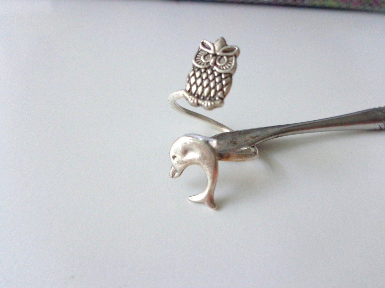 silver dolphin ring with an owl, wrap open style, adjustable ring, animal ring, silver ring, stateme