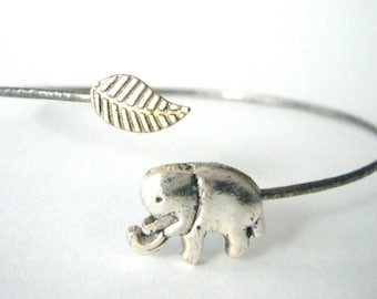 elephant delicate bracelet  leaf and elephant wrap, animal bracelet, charm bracelet, bangle