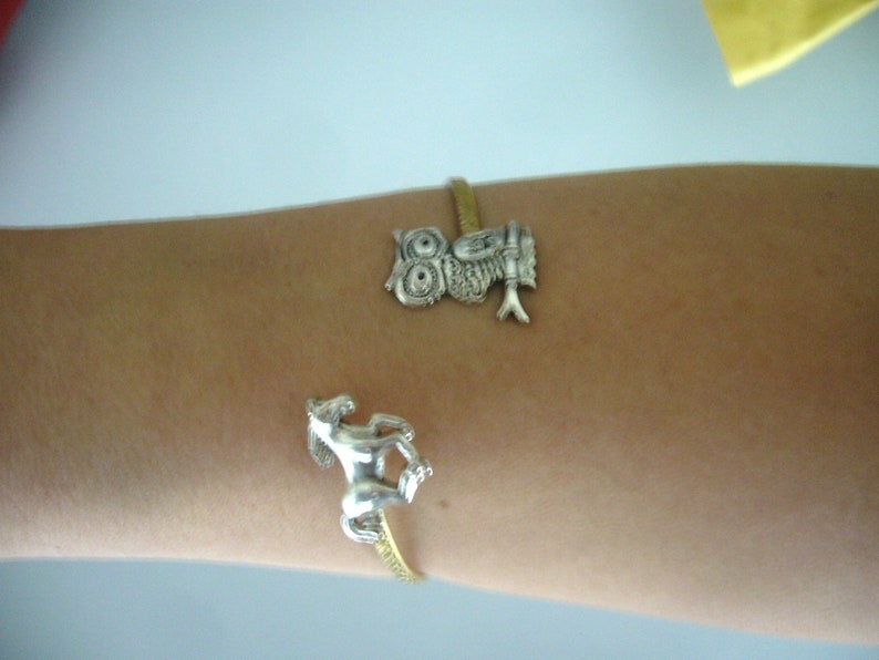 owl cuff bracelet with a horse, wrap style, animal bracelet, charm bracelet, bangle image 5