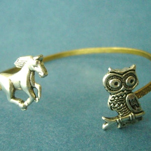 owl cuff bracelet with a horse, wrap style, animal bracelet, charm bracelet, bangle image 4
