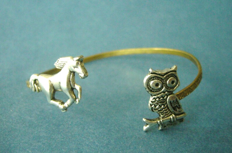 owl cuff bracelet with a horse, wrap style, animal bracelet, charm bracelet, bangle image 4