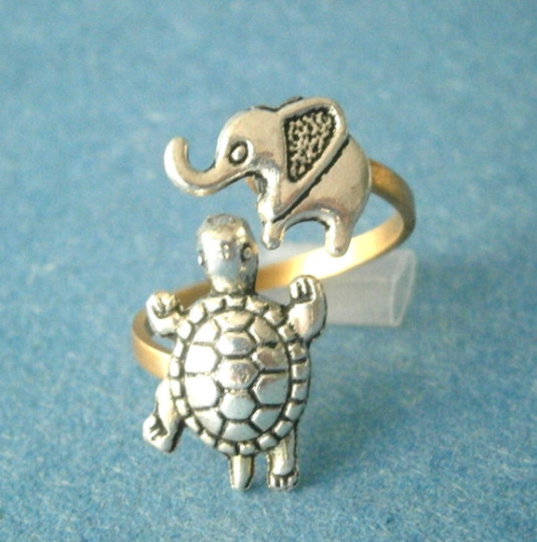 Silver Turtle Ring With an Elephant, Adjustable Ring, Animal Ring ...