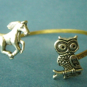 owl cuff bracelet with a horse, wrap style, animal bracelet, charm bracelet, bangle image 3