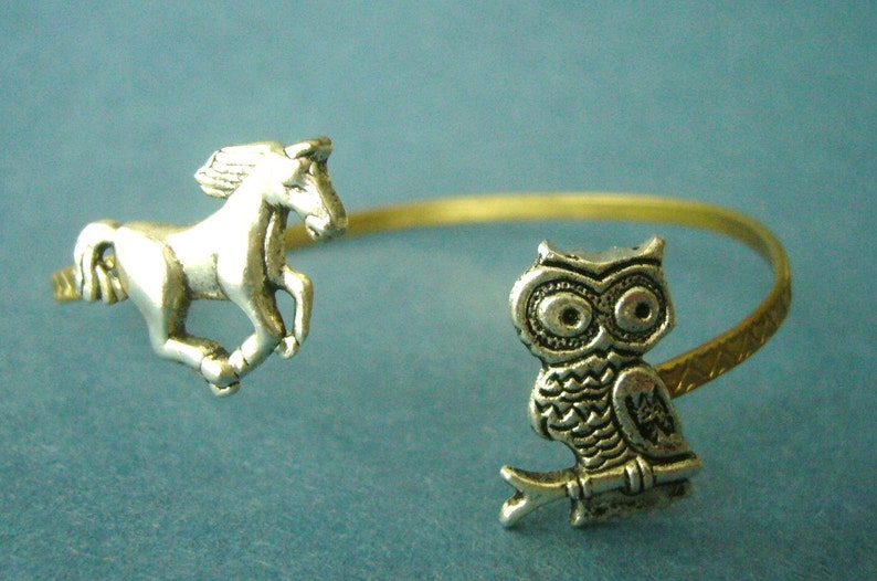 owl cuff bracelet with a horse, wrap style, animal bracelet, charm bracelet, bangle image 3