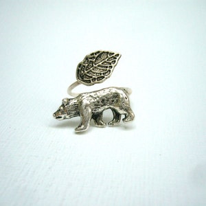 silver bear ring wrap style, adjustable ring, animal ring, silver ring, statement ring image 1