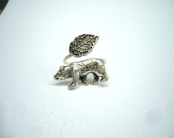 silver bear ring wrap style, adjustable ring, animal ring, silver ring, statement ring