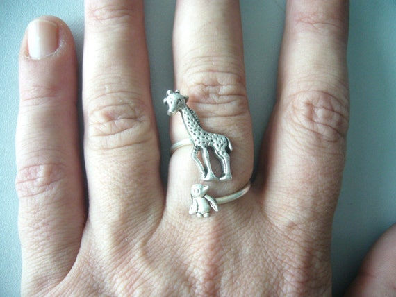 Silver Penguin Giraffe Ring Wrap Style Adjustable Ring Animal
