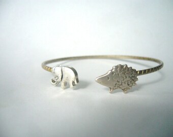 hedgehog wrap bracelet with an elephant, hedgehog bangle, animal bracelet, charm bracelet, bangle