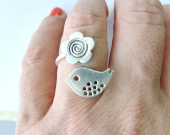 silver bird flower ring, adjustable ring, animal ring, silver ring, statement ring