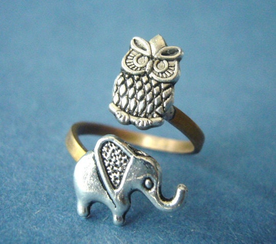 Silver owl ring with an elephant, adjustable ring, animal ring, silver ring, statement ring