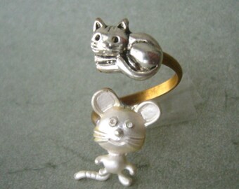 Cat Mouse Ring Wrap Style, Adjustable Ring