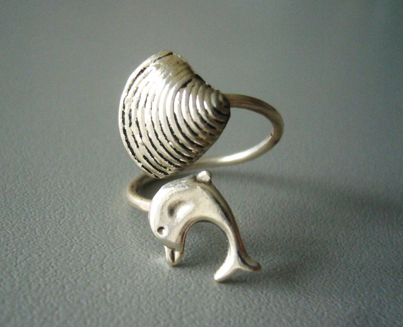 silver dolphin ring with a shell, wrap open style, adjustable ring, animal ring, silver ring, statement ring image 1