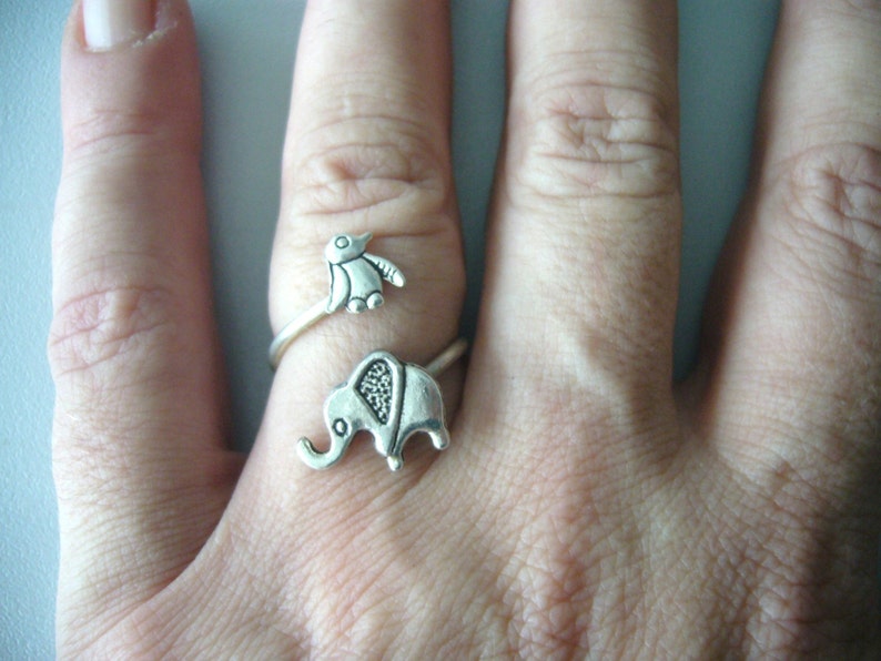 silver penguin elephant ring wrap style, adjustable ring, animal ring, silver ring, statement ring image 4