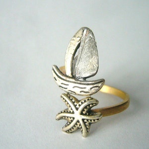 silver ship and shell wrap ring, adjustable ring, animal ring, silver ring, statement ring image 1