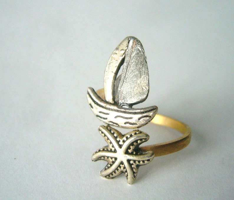 silver ship and shell wrap ring, adjustable ring, animal ring, silver ring, statement ring image 1