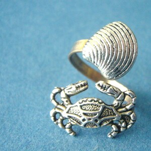 crab ring with a shell wrap style, adjustable ring, animal ring, silver ring, statement ring image 2