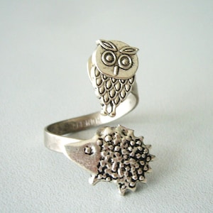 Eule und Igel Ring, verstellbarer Ring, Tierring, Silberring, Statement-Ring
