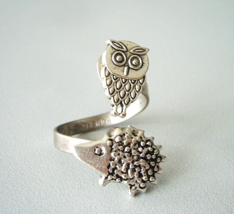 Owl and hedgehog ring, adjustable ring, animal ring, silver ring, statement ring