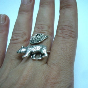 silver bear ring wrap style, adjustable ring, animal ring, silver ring, statement ring image 4