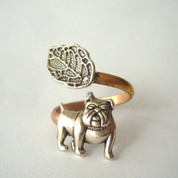 Hundering mit einem Blatt wickeln Stil, verstellbarer Ring, Tierring, Silberring, Statement-Ring