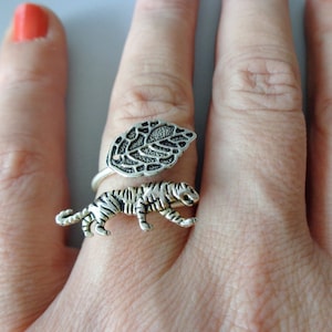 silver tiger ring, wrap style, adjustable ring, animal ring, silver ring, statement ring image 1