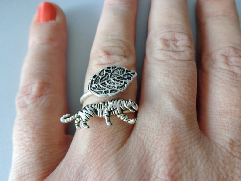 silver tiger ring, wrap style, adjustable ring, animal ring, silver ring, statement ring image 1