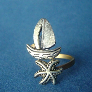 silver ship and shell wrap ring, adjustable ring, animal ring, silver ring, statement ring image 3