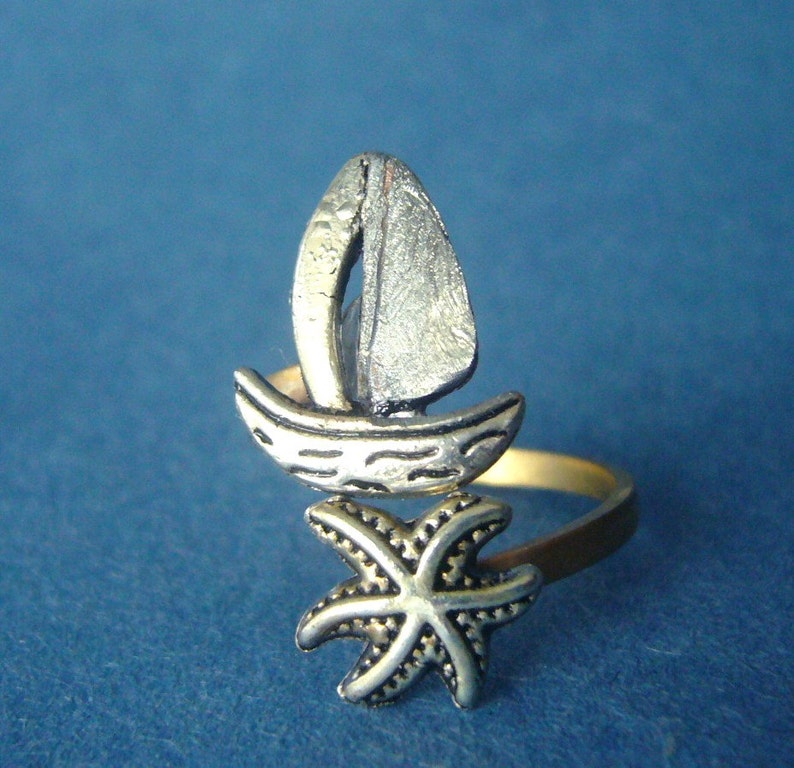 silver ship and shell wrap ring, adjustable ring, animal ring, silver ring, statement ring image 3