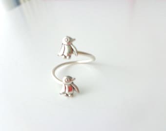 silver penguin ring wrap style, adjustable ring, animal ring, silver ring