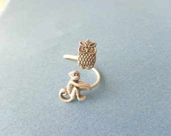 Monkey ring with an owl, adjustable ring, animal ring, silver ring, statement ring